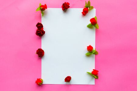 Women's Day mockup greeting card with decorative flowers on pink backgroundの写真素材
