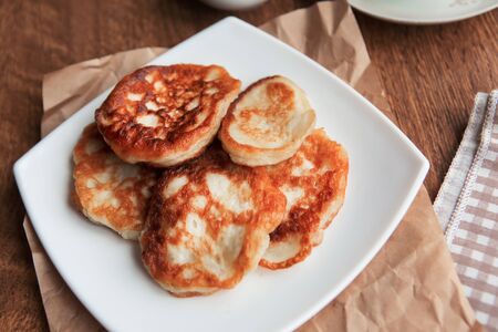 Sweet homemade pancakes on white plateの写真素材