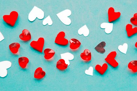 Valentines Day background. Handmade hearts on blue background. Flat lay, top viewの写真素材