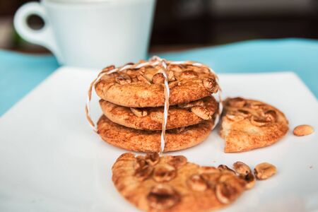 Tasty round cookies stack, closeupの写真素材