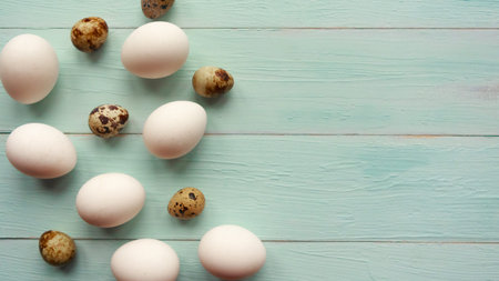 Chicken and quail eggs on wooden background. Easter concept. 