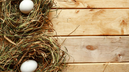 Dry hay nest with chicken eggs, top view. Easter concept. Copy space for the text