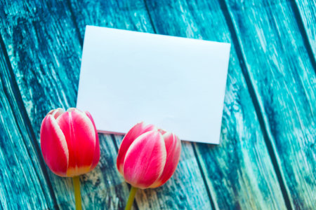 Red tulips and white mockup blank on wooden background. Beautiful Easter or Mother's Day greeting...