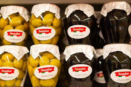 Minsk/ Belarus - March 20 2020: Pickles in jar on a shelf in a storeのeditorial素材