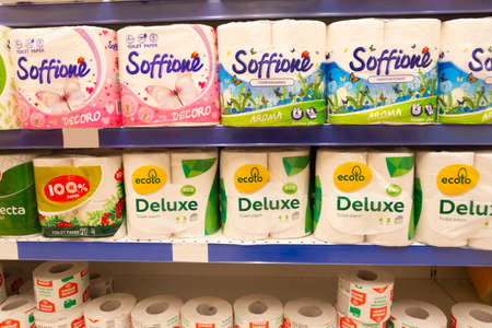 Minsk/ Belarus - March 20 2020: Toilet paper at the store. Lots of toilet paper on the shelvesのeditorial素材