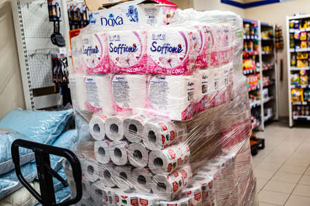 Minsk/ Belarus - March 20 2020: pallet with toilet paper in the storeのeditorial素材