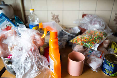 Minsk/ Belarus - March 20 2020: different food on the kitchen. Stay home concept. Quarantine conceptのeditorial素材