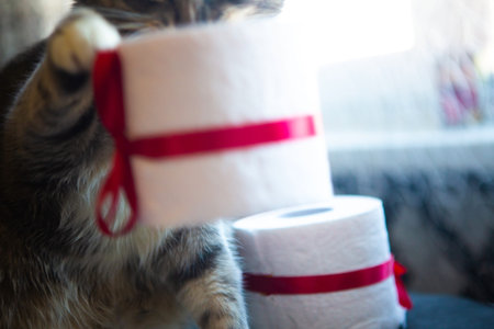 Little cat playing with toilet paper roll. Covid19 concept, defocused. Quarantine concept
