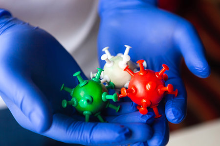 Hands in medical gloves holds virus models in white, red and green colors. Coronavirus Italy concept
