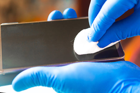 Man in gloves wipes the phone with a cotton sponge. Covid 19 concept