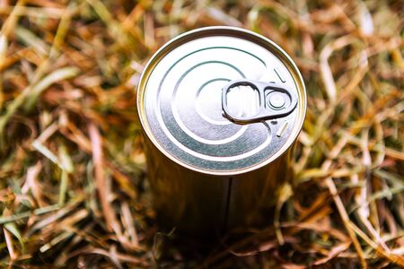 canned meat pack as a quarantine stock reserve on hay straw backgroundの写真素材