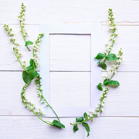 Springtime concept. White photo frame and fresh blooming spring flowers on wooden background. Copy space for the textの写真素材