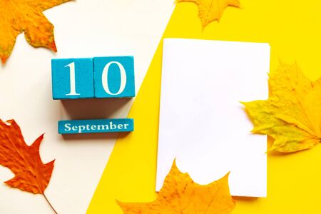 September 10. Wooden handmade calendar and white mockup blank on wooden backgroundの写真素材