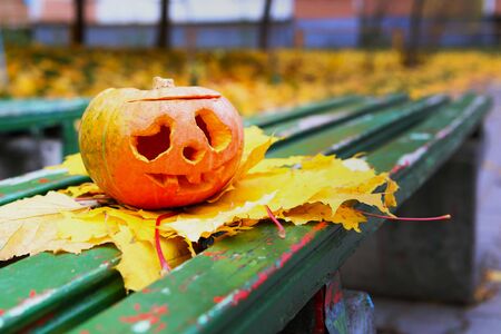 Jack-o-lantern on the bench. Autumn background. Halloween conceptの写真素材