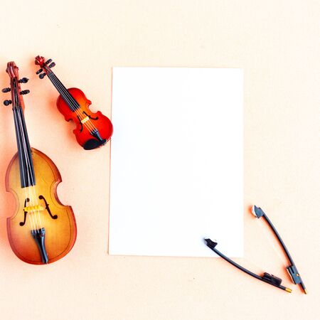 Toy double bass, violin and white mockup blank on pink background, top view, copy space for the textの写真素材