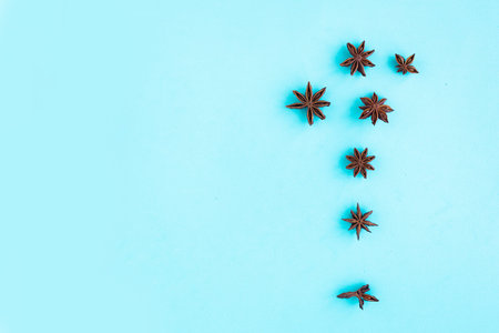 Star anise pattern on blue background, minimal concept, copy space for the text