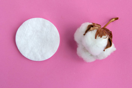 Cotton sponge and cotton flower on pink background, top view