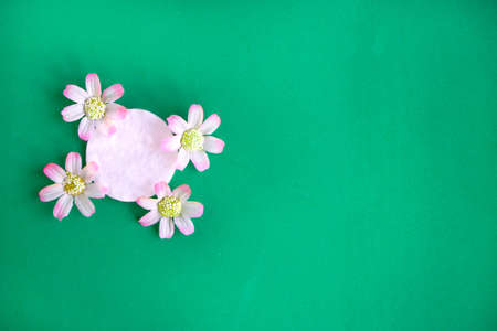 Cotton sponges with decorative flowers on dark green background, top viewの写真素材