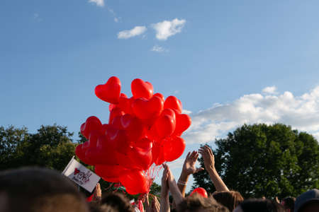 Minsk / Belarus - July 30, 2020: Red balloons in heart shape in the air at opposition rally in Minsk on July 30, 2020. Belarusian politic opposition. Presidential Elections in Belarus 2020のeditorial素材