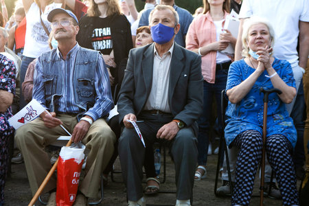 Minsk / Belarus - July 30, 2020: Pensioners in the park at opposition rally in Minsk on July 30,...