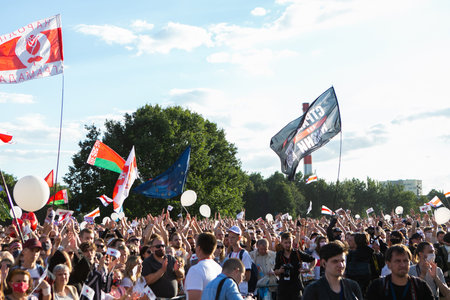 Minsk / Belarus - July 30, 2020: Crowd of people in the park at opposition rally in Minsk on July...