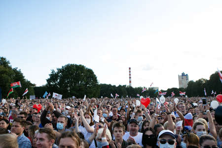 Minsk / Belarus - July 30, 2020: Crowd of people in the park at opposition rally in Minsk on July 30, 2020. Belarusian politic opposition. Presidential Elections in Belarus 2020のeditorial素材