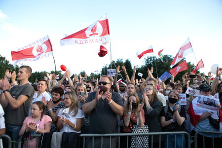 Minsk / Belarus - July 30, 2020: Supporters of presidential candidate Svetlana Tikhanovskaya at her...