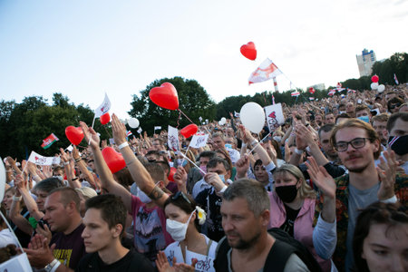 Minsk / Belarus - July 30, 2020: Crowd of people in the park at opposition rally in Minsk on July...