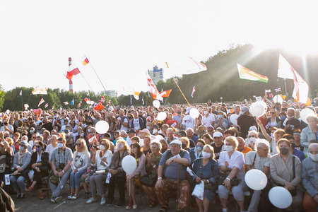 Minsk / Belarus - July 30, 2020: Crowd of people in the park at opposition rally in Minsk on July 30, 2020. Belarusian politic opposition. Presidential Elections in Belarus 2020のeditorial素材