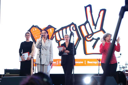 Minsk, Belarus - July 30, 2020: Svetlana Tikhanovskaya, opposition candidate for presidential elections in Belarus gives speech at her campaing rally in Minsk. Belarusian politic opposition. Presidential Elections in Belarus 2020のeditorial素材