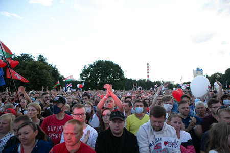 Minsk / Belarus - July 30, 2020: Crowd of people in the park at opposition rally in Minsk on July 30, 2020. Belarusian politic opposition. Presidential Elections in Belarus 2020のeditorial素材