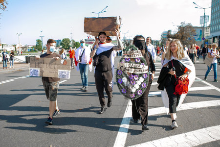 Minsk / Belarus - August 30, 2020: Presidential elections in Belarus 2020. Peaceful protests in...