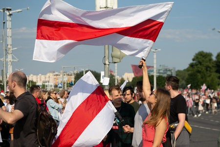 Minsk / Belarus - August 30, 2020: Presidential elections in Belarus 2020. Peaceful protests in...