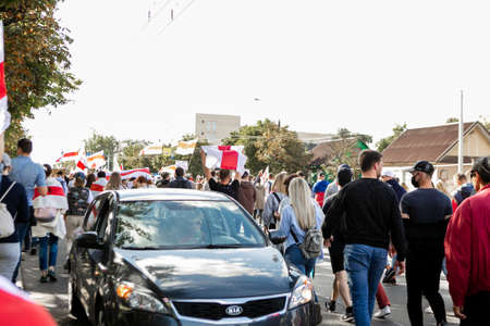 Minsk / Belarus, September 13, 2020: Protest against Lukashenko winning on president elections. Crowd of people on meeting. Peaceful protest in Belarusのeditorial素材