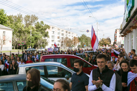 Minsk / Belarus, September 13, 2020: Protest against Lukashenko winning on president elections. Crowd of people on meeting. Peaceful protest in Belarusのeditorial素材