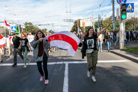 Minsk / Belarus, September 13, 2020: Protest against Lukashenko winning on president elections. Crowd of people on meeting. Peaceful protest in Belarusのeditorial素材