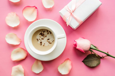 Coffee cup, pink rose and gift box on pink background, top viewの写真素材