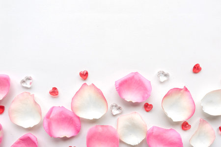 rose petals on white background. Valentineâs Day backgroundの写真素材