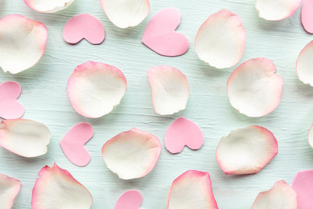 rose petals on wooden background. Valentineâs Day backgroundの写真素材