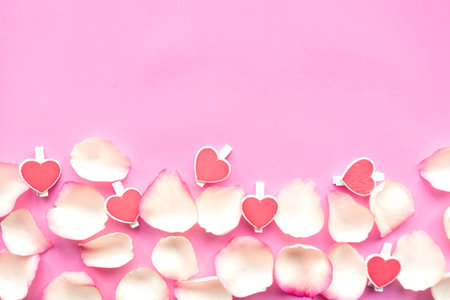 White rose petals on pink background. Valentineâs Day background, copy space for the textの写真素材