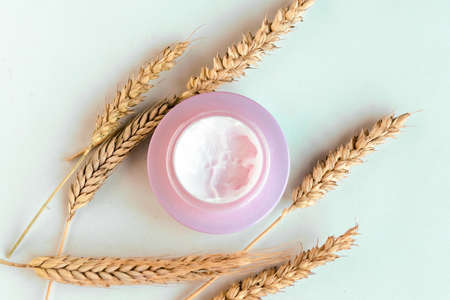 Wheat and barley natural cosmetic. Cosmetic jar and wheat ears on white background.の写真素材