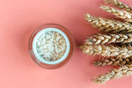 Cosmetic bottle and wheat ears on pink background, top view