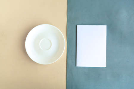 Empty plate and mockup blank on color background. Copy space for the text. Minimal conceptの写真素材