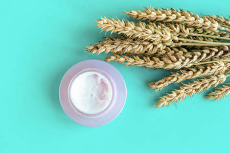 Cosmetic jar and wheat ears on blue background - natural cosmetic productの写真素材
