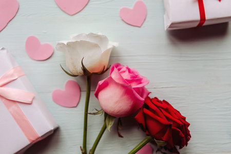 Bouquet of roses and gift box, top view