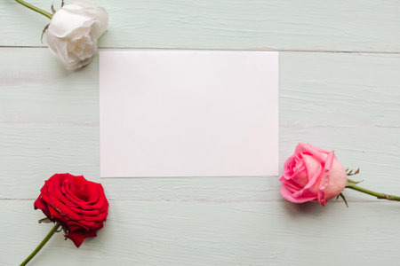 Three roses and white mockup blank on wooden background, copy space for the text