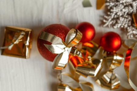 Red Christmas baubles with golden bows, closeupの写真素材
