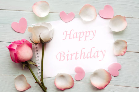 Roses and white mockup blank at wooden background and the text - Happy birthday. Beautiful greeting cardの写真素材