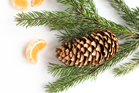 Christmas composition with spruce branches and tangerine, top viewの写真素材