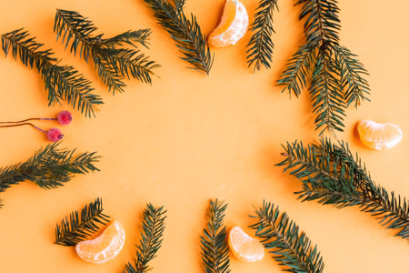Fir branches frame on orange background. Christmas festive backgroundの写真素材